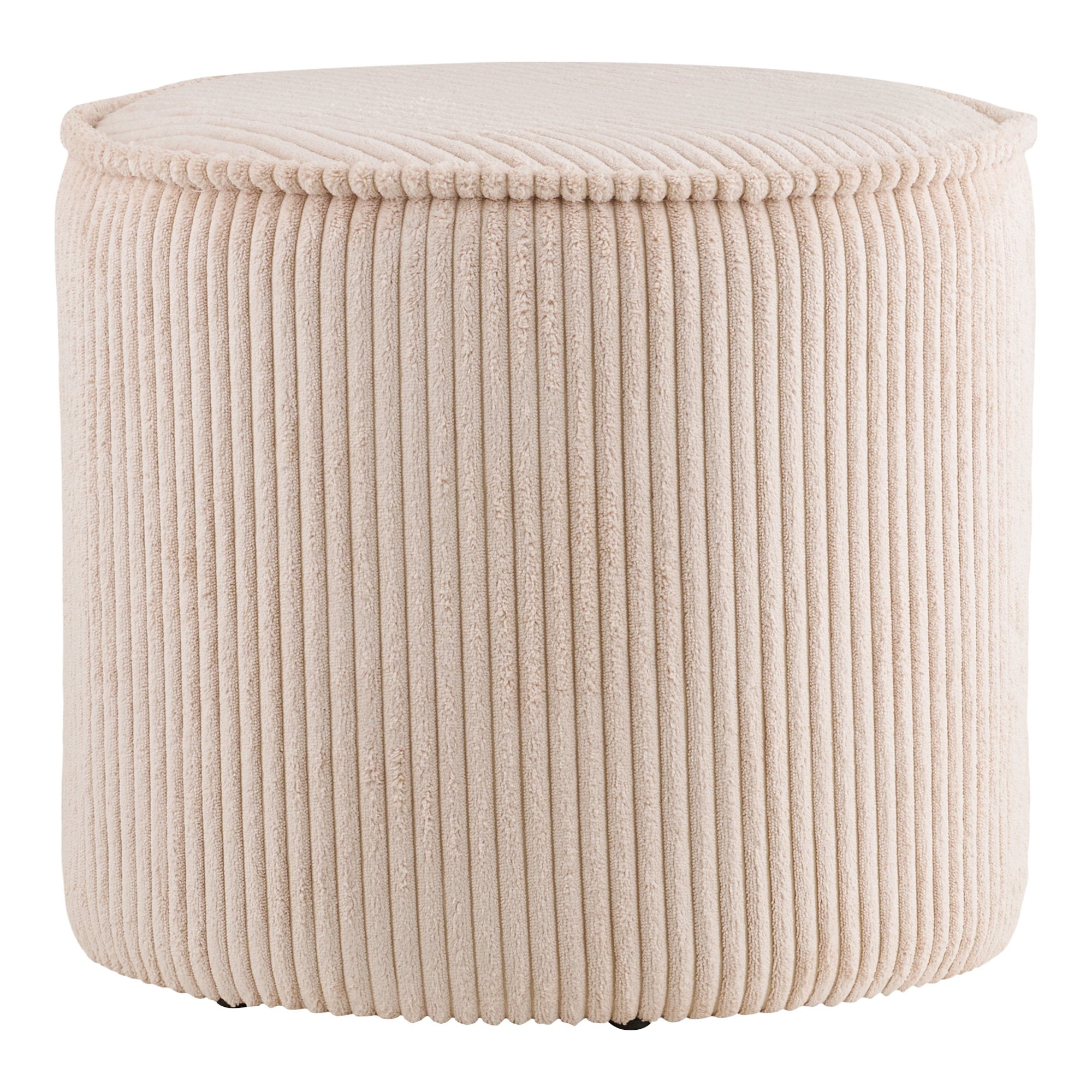 Pouf Taupo velours côtelé beige cylindrique Ø40 cm pompons vue de face