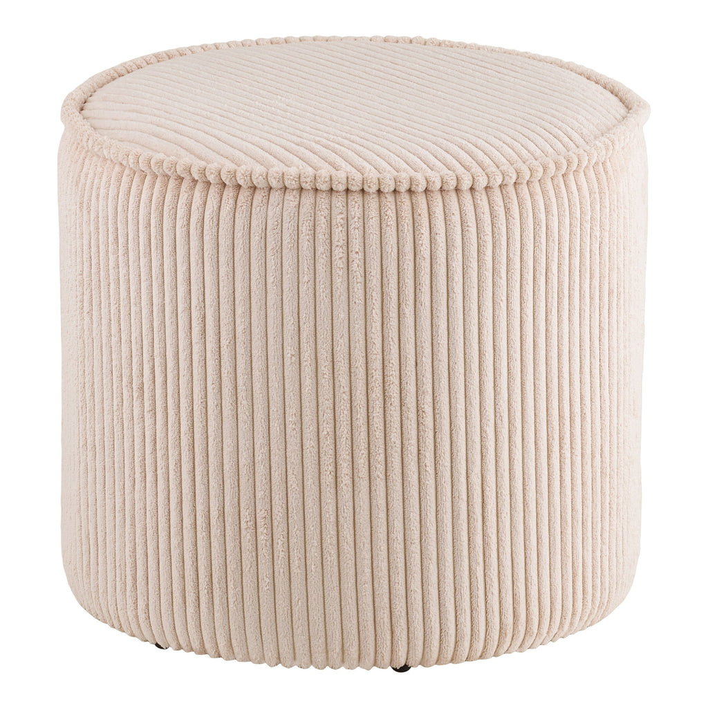 Pouf Taupo velours côtelé beige côtes verticales liseré pompons vue trois quarts