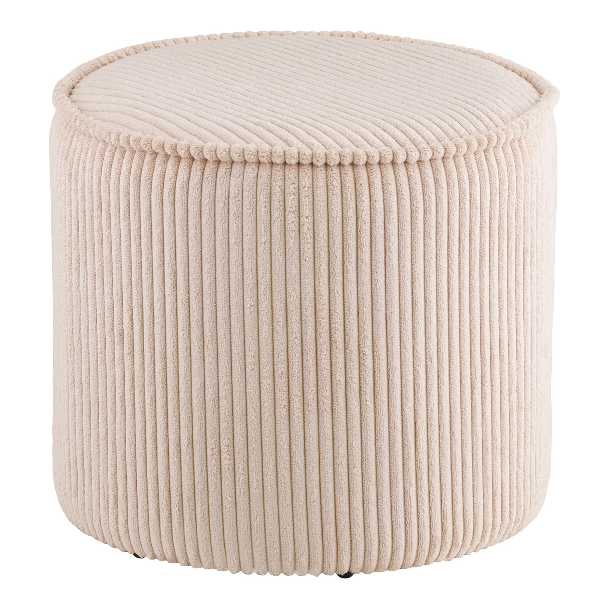 Pouf Taupo velours côtelé beige côtes verticales liseré pompons vue trois quarts