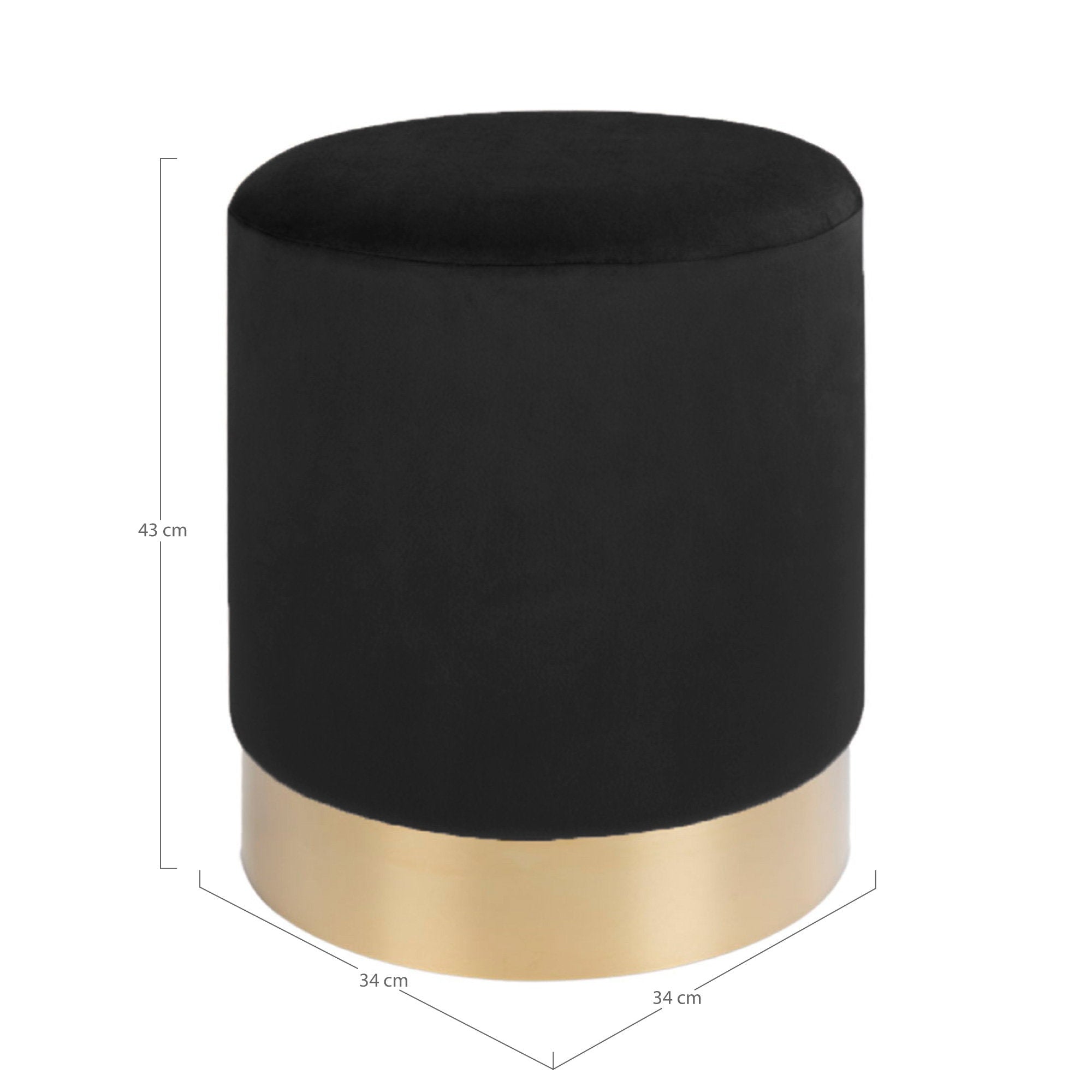 Pouf Gamby velours noir 34x43 cm socle acier doré vue de face avec dimensions