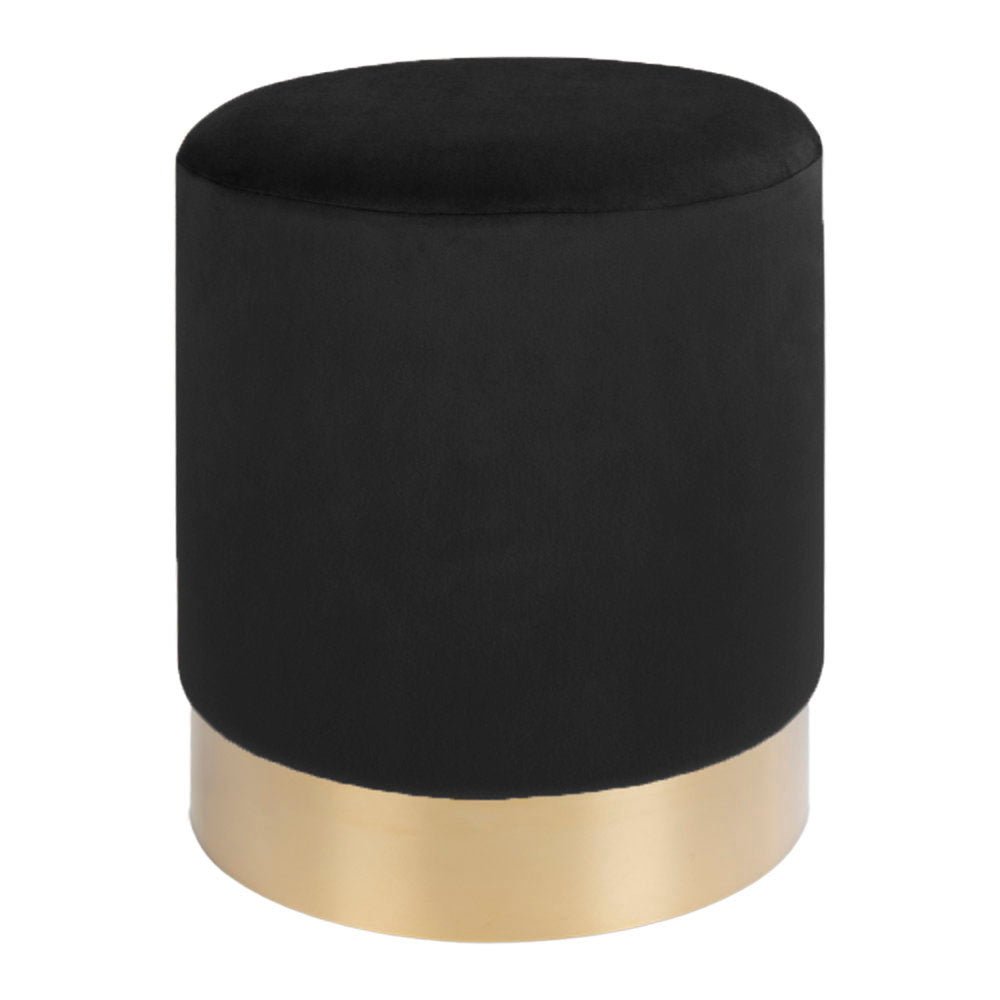 Pouf Gamby velours noir cylindrique socle doré brossé vue trois quarts