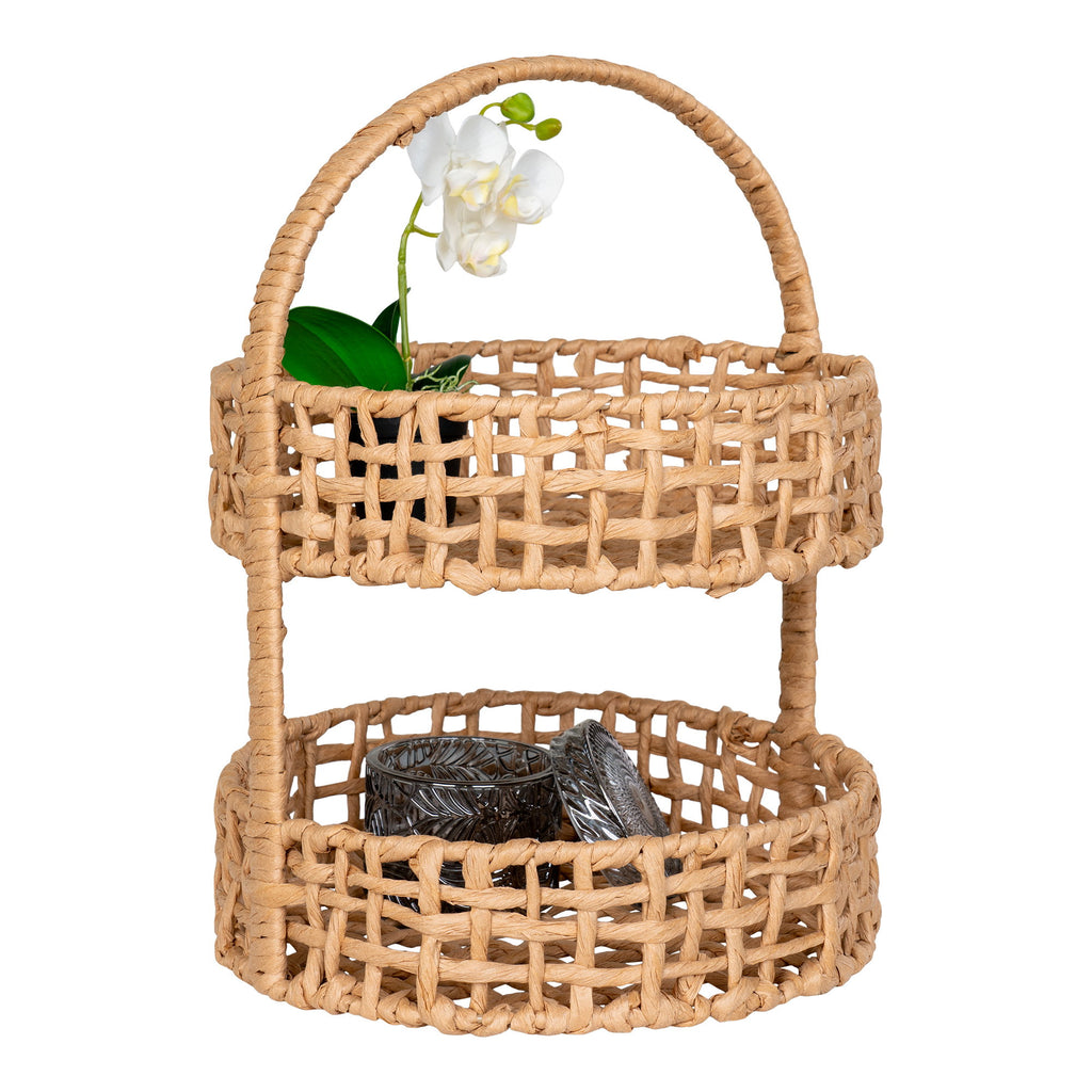 Présentoir 2 niveaux Anadia corde papier garni orchidée et objets vue trois quarts