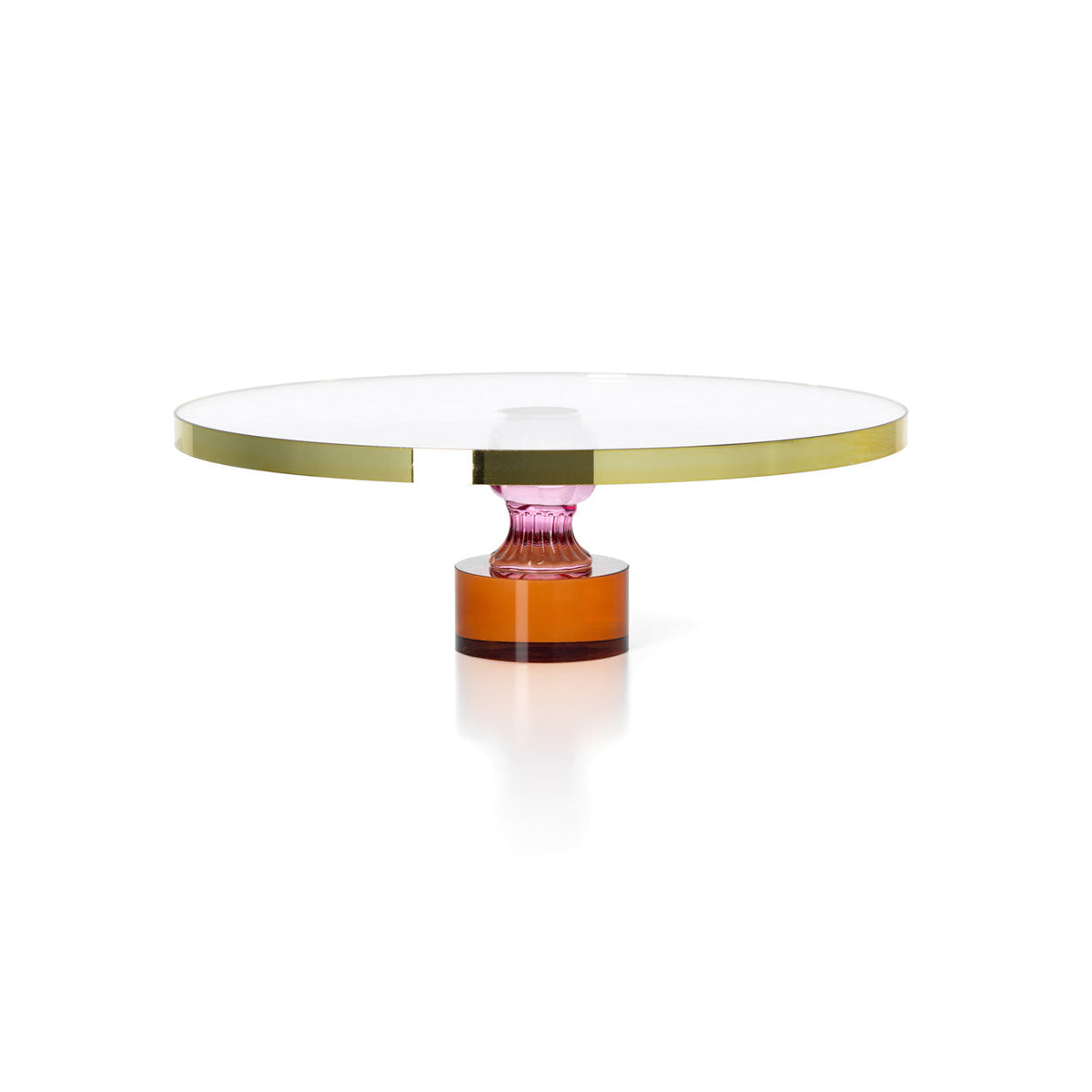 Présentoir à gâteau Gemstone en verre ambre et rose vu légèrement en surplomb