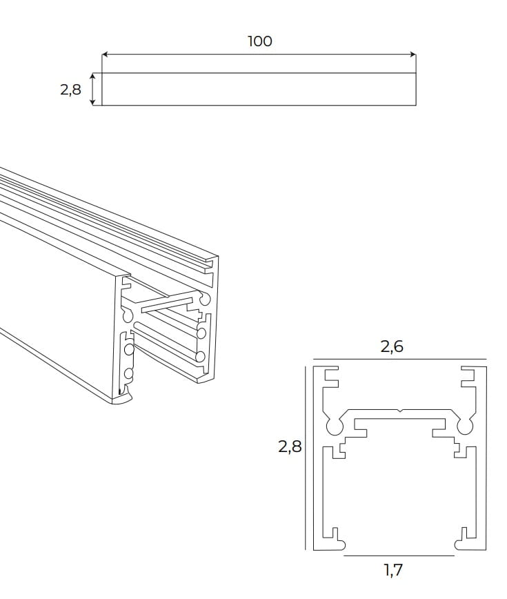Dimensions Rail aimanté Magnetic en saillie profil bas 1 m blanc