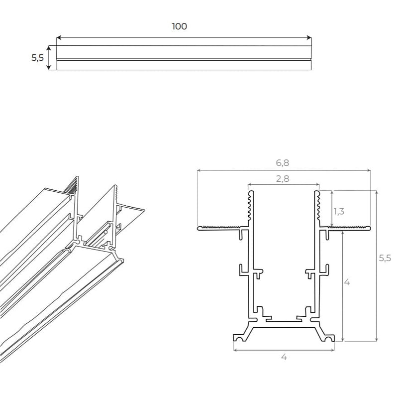 Dimensions Magnetische Einbauschiene 1 m weiß