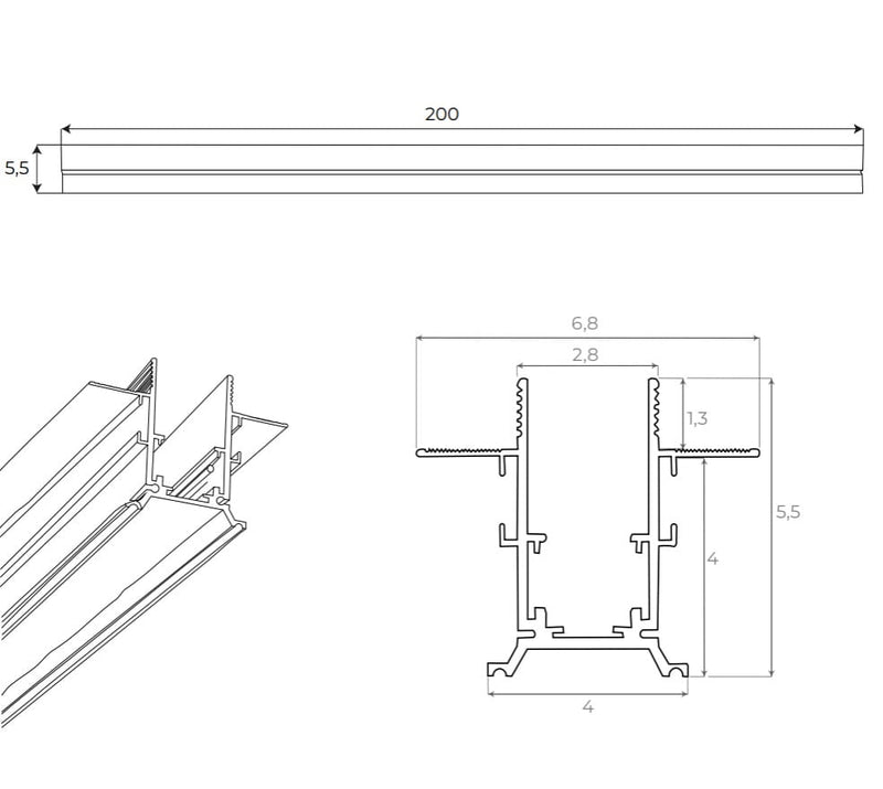 Dimensions Carril magnético Magnetic empotrado 2 m blanco