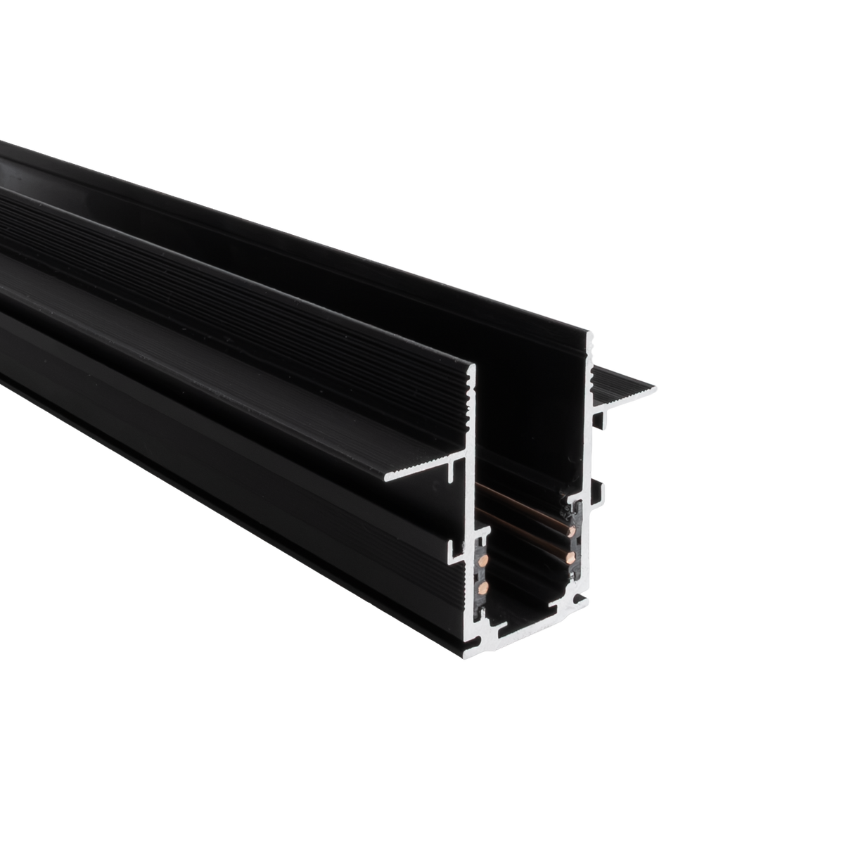 Rail aimanté Magnetic encastré métal noir vu en bout avec ses ailes de pose et sa piste conductrice