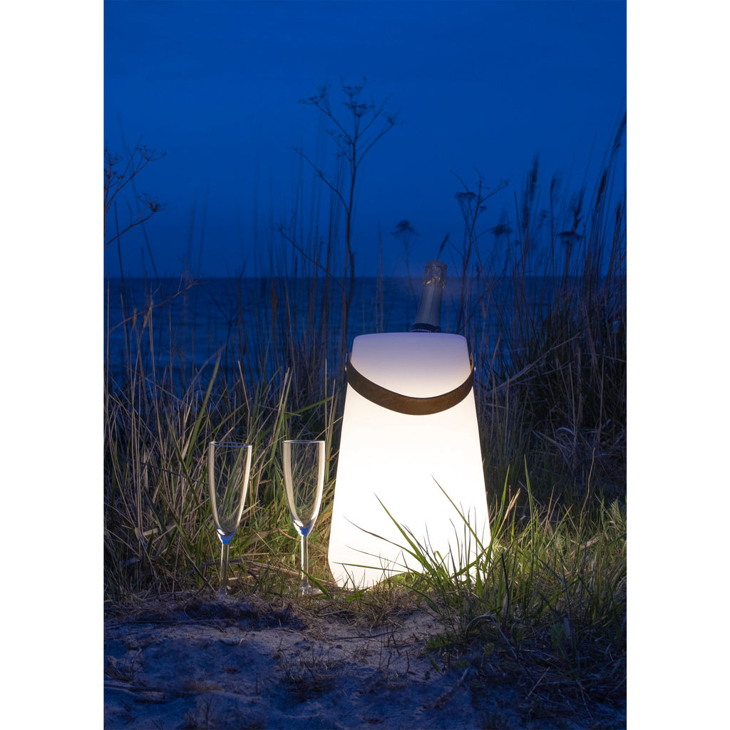 Refroidisseur à vin lumineux Bristol LED blanc poignée cuir ambiance plage nuit