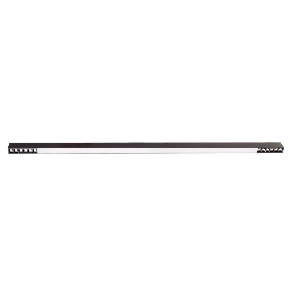 Réglette LED RX aluminium noir 160 cm vue de trois quarts avec son diffuseur central et ses spots aux extrémités
