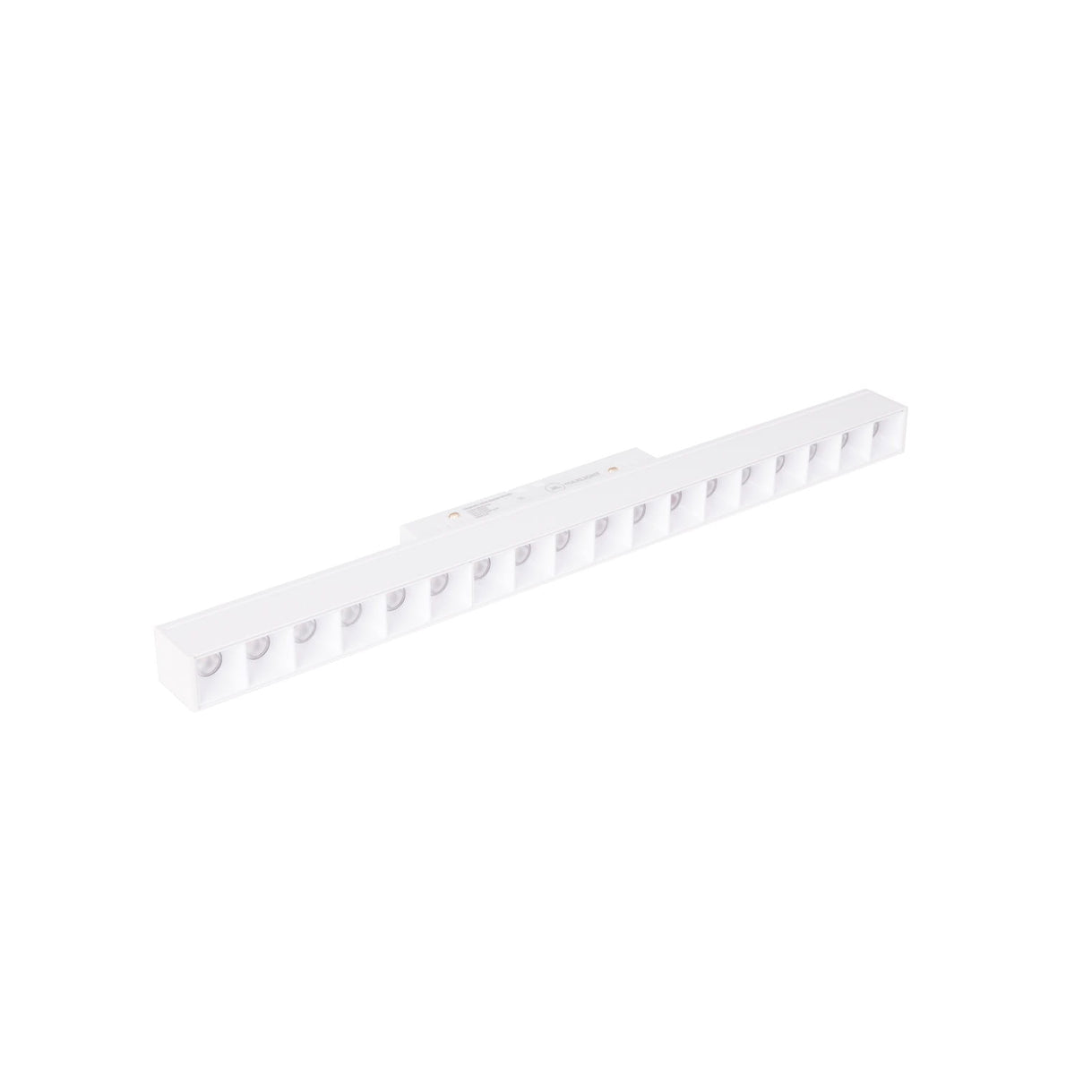 Réglette LED Magnetic à grille profonde métal blanc 35 cm vue de trois quarts avec son bloc connecteur