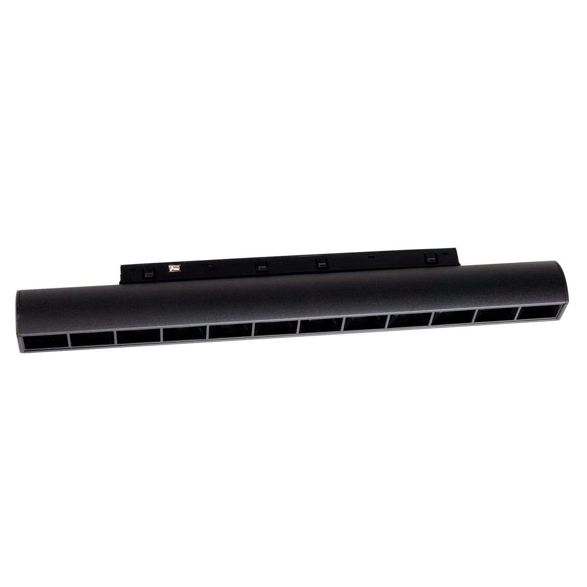 Réglette Micro11 à grille noire 12 W vue de côté avec son connecteur magnétique sur le dessus