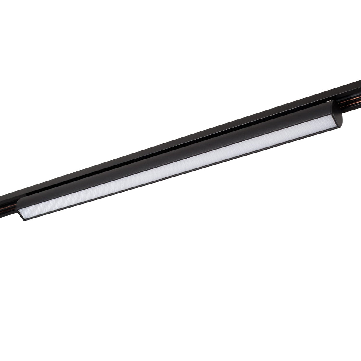 Réglette Micro11 noire fixée dans l'axe d'un rail aimanté noir