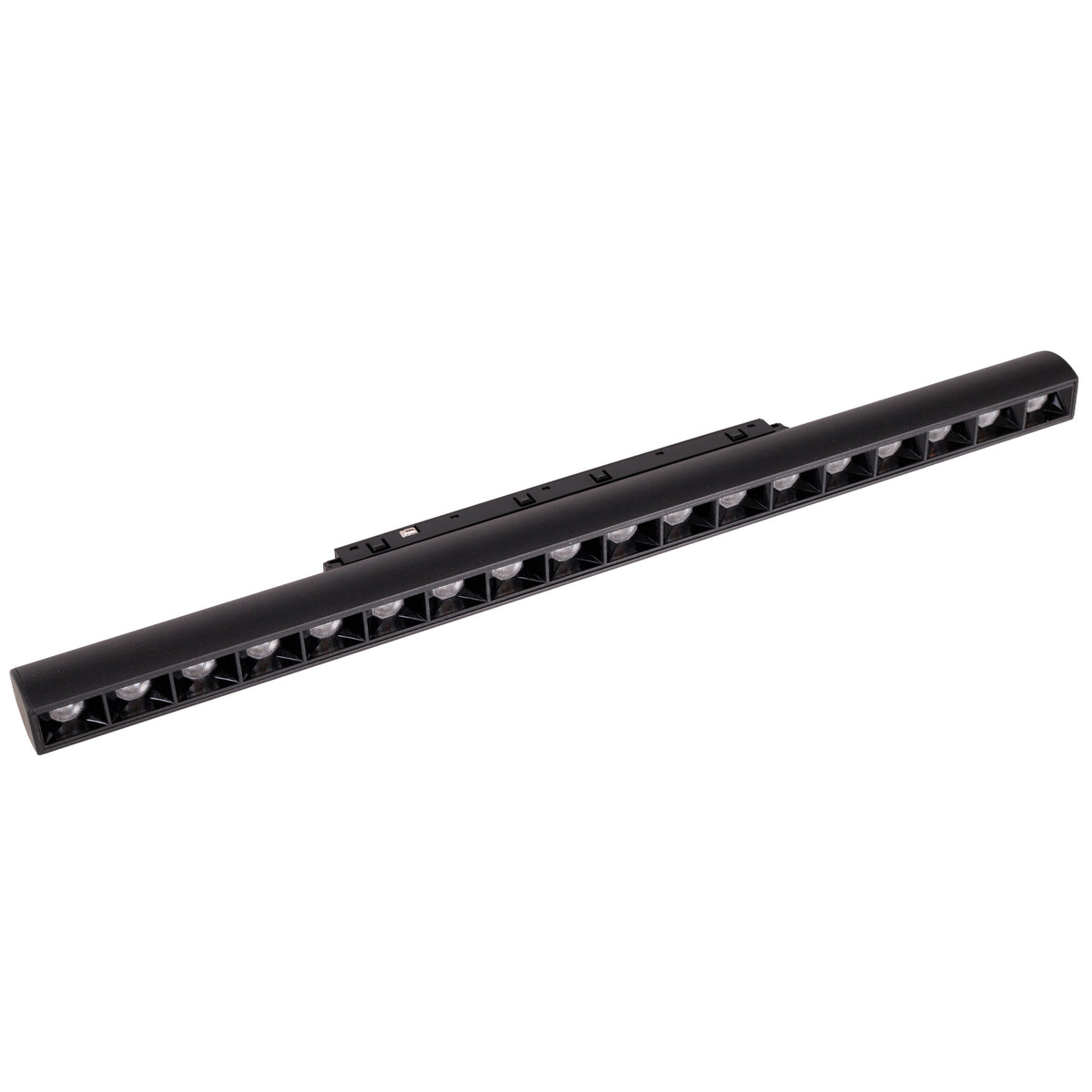 Réglette Micro11 noire orientable vue de trois quarts avec ses dix-huit LED en alvéoles et son support à contacts