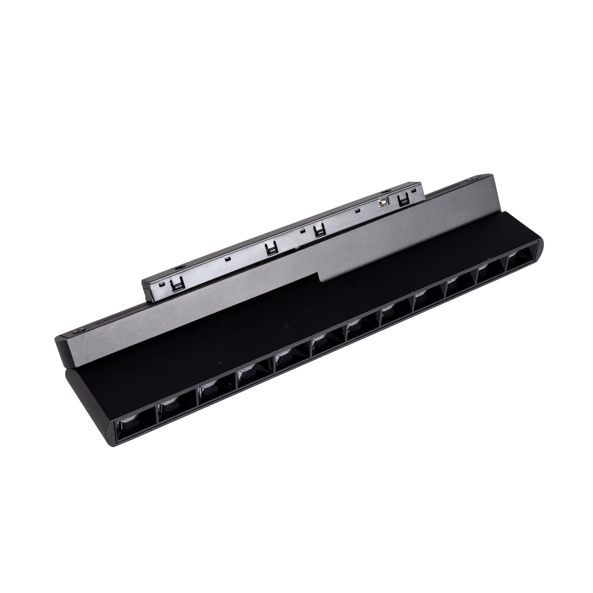 Réglette Micro11 noire seule vue de trois quarts avec son support à contacts et sa grille à alvéoles carrées