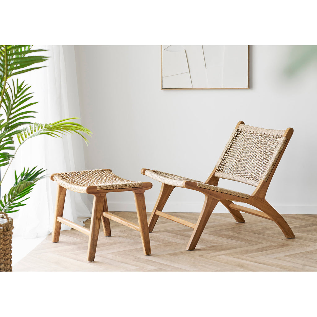 Repose-pieds Derby teck naturel ambiance salon fauteuil lounge corde papier