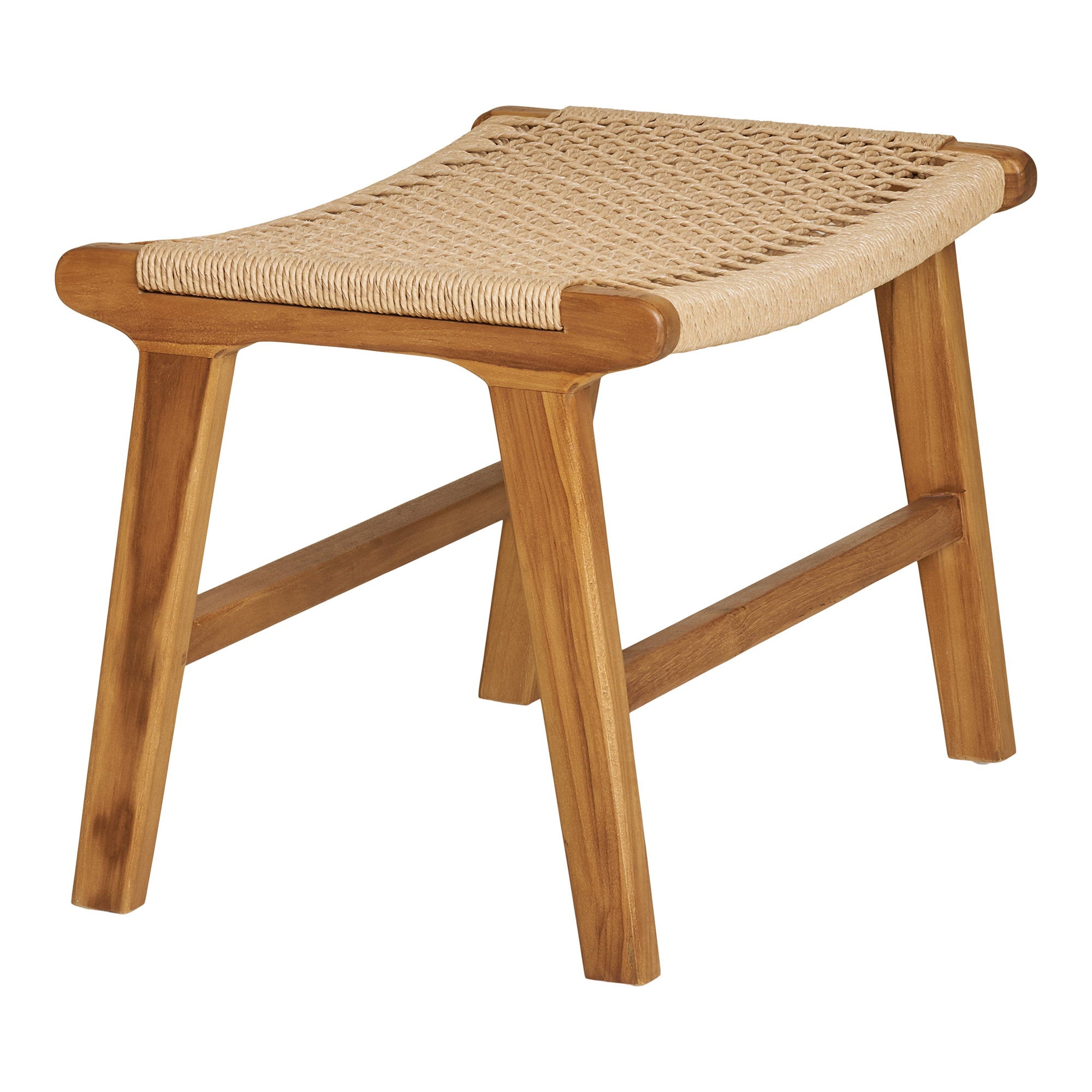 Repose-pieds Derby teck massif corde papier vue de côté assise incurvée