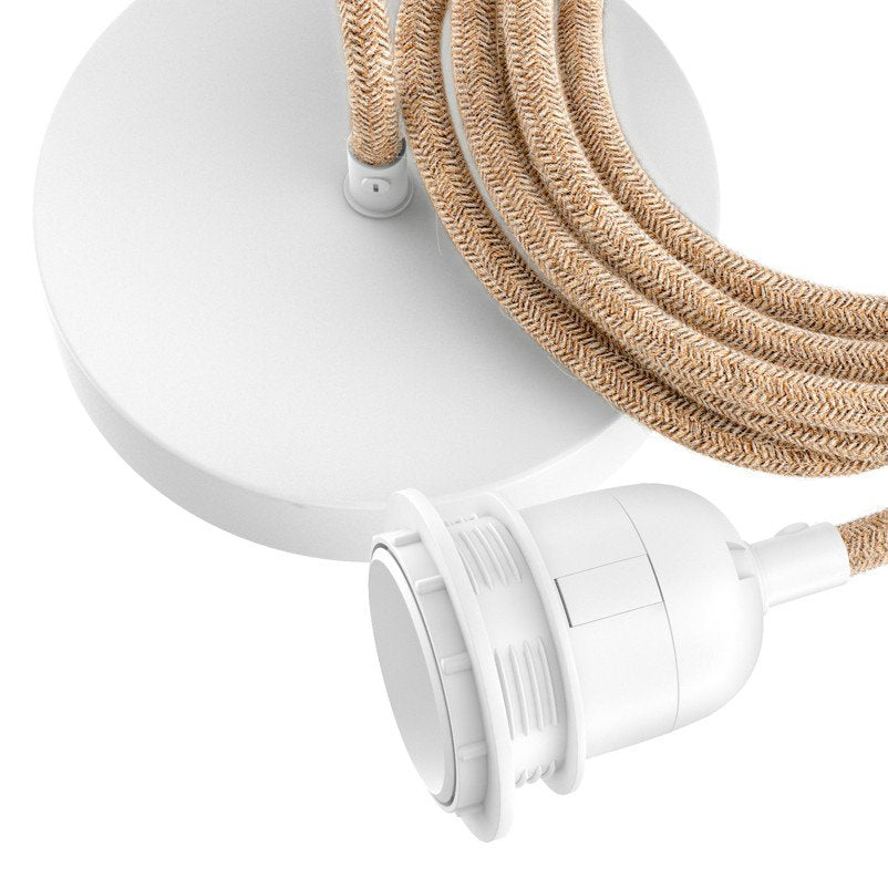 Rosace blanche et cordon de suspension en jute naturel 250 cm en situation