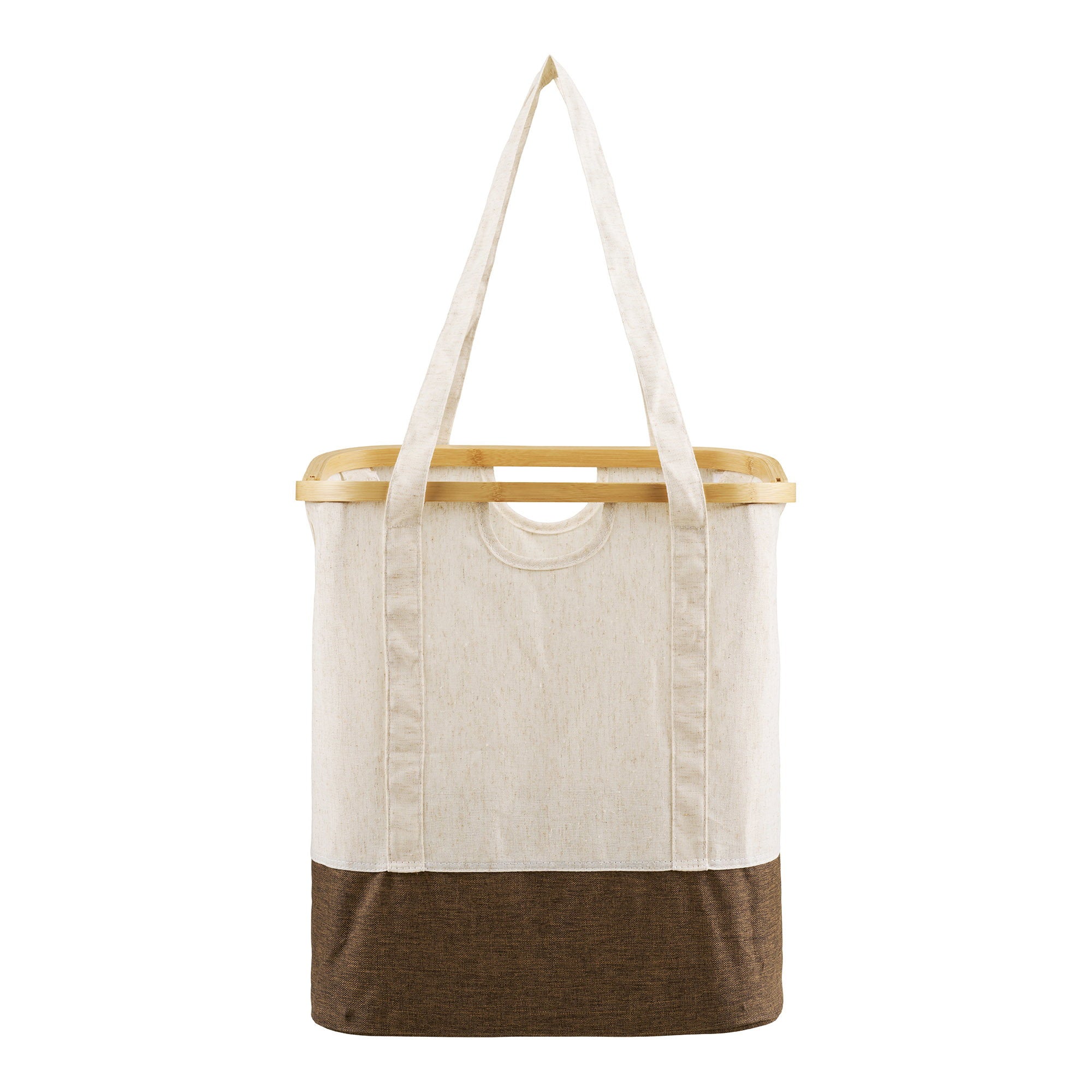 Sac à linge Noto textile écru et brun armature bambou vue de face
