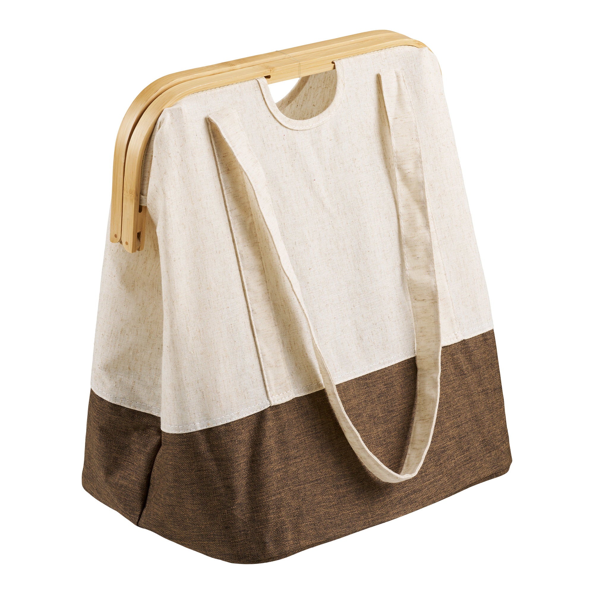 Sac à linge Noto textile écru et brun armature bambou vue de détail