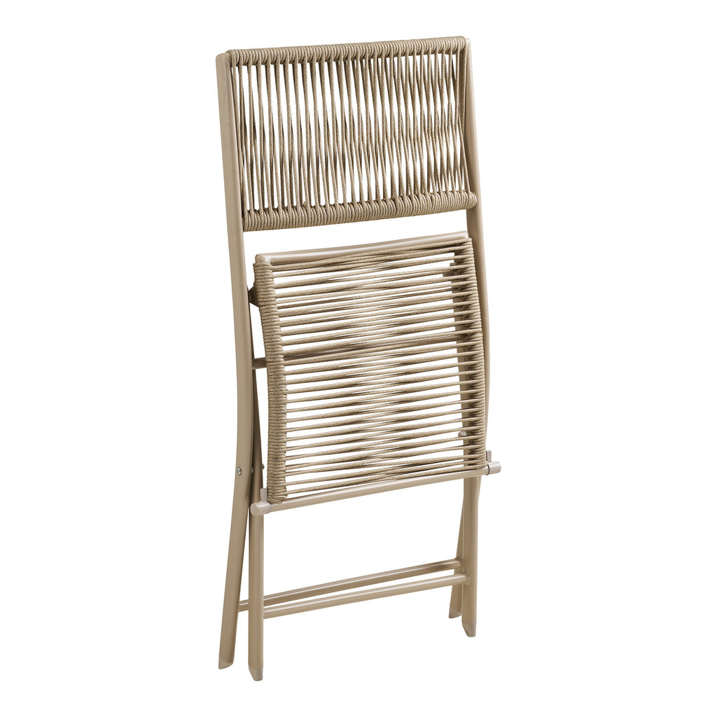 Chaise pliante Arcas taupe repliée vue de profil, corde tressée compacte