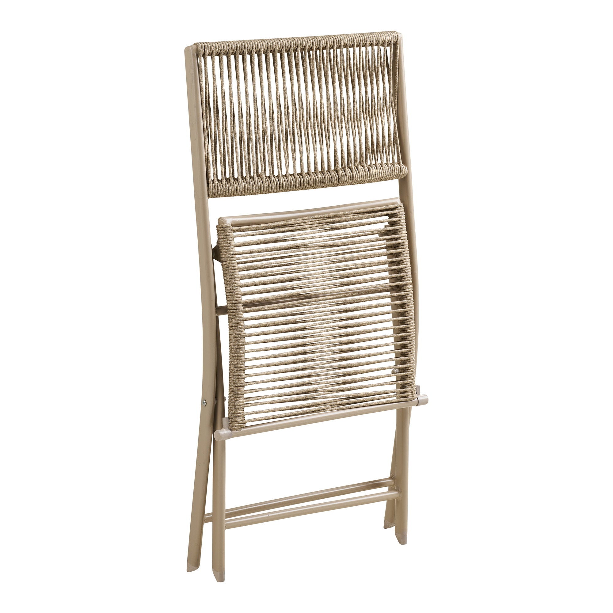 Chaise pliante Arcas taupe repliée vue de profil, corde tressée compacte