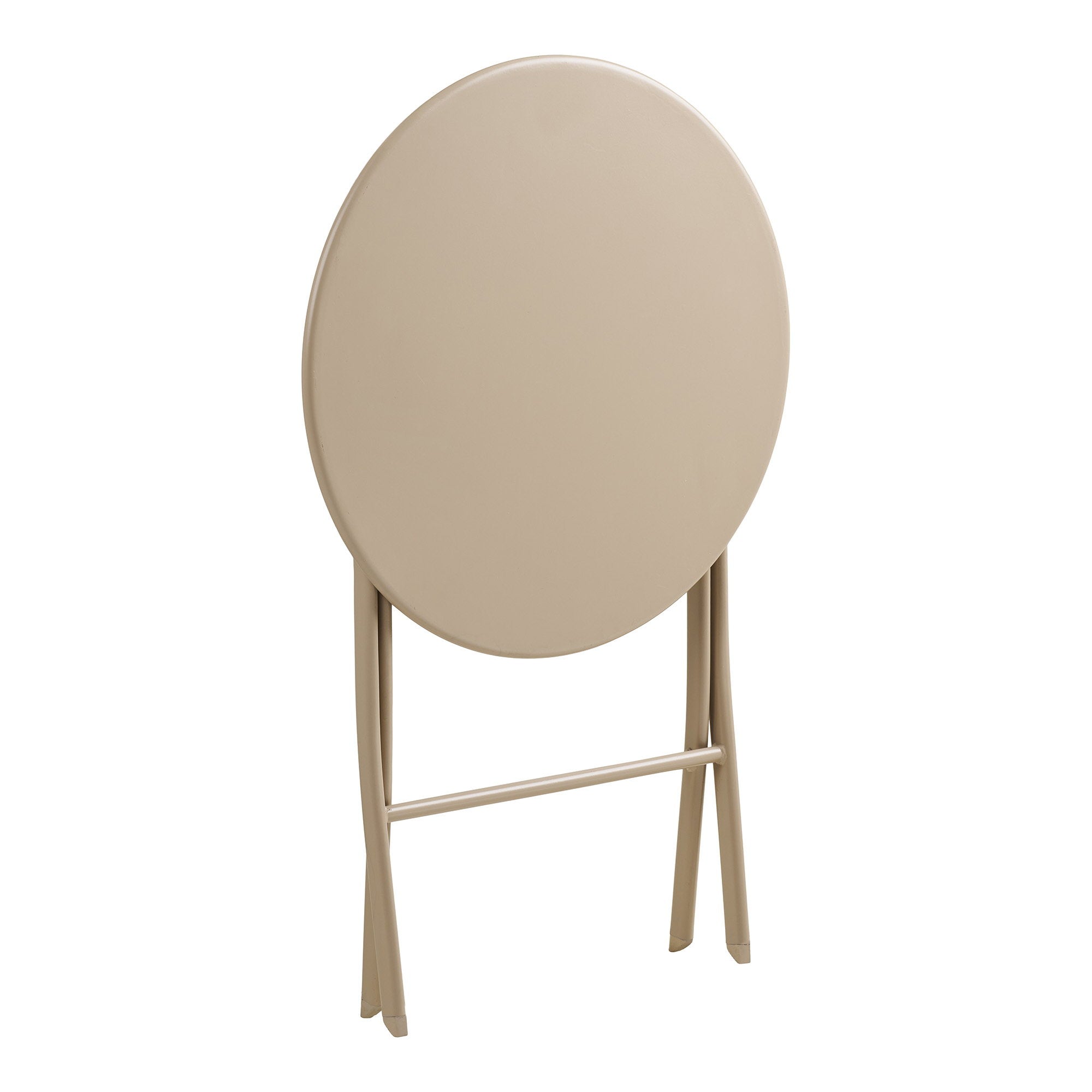 Table ronde bistro Arcas taupe repliée en position stockage, vue de profil