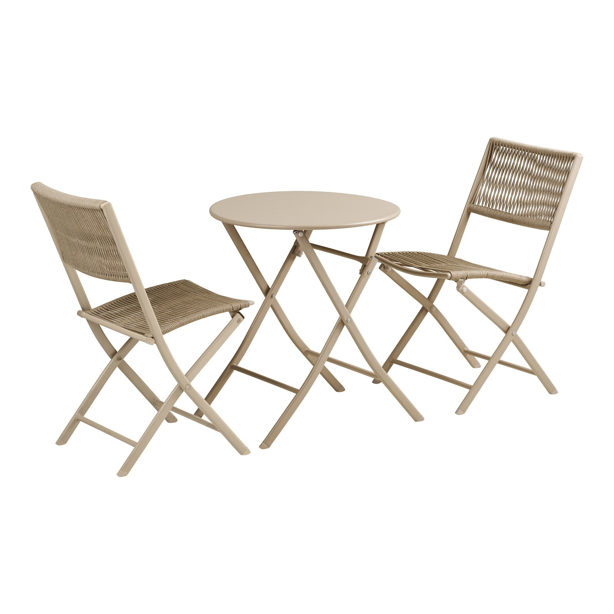 Ensemble bistro Arcas taupe vue 3/4 dos, structure acier et chaises corde naturelle