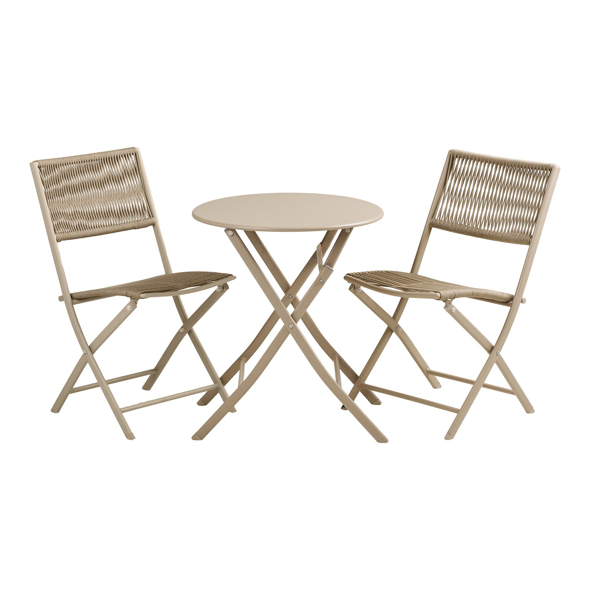 Salon bistro Arcas taupe complet, table ronde et 2 chaises pliantes corde tressée