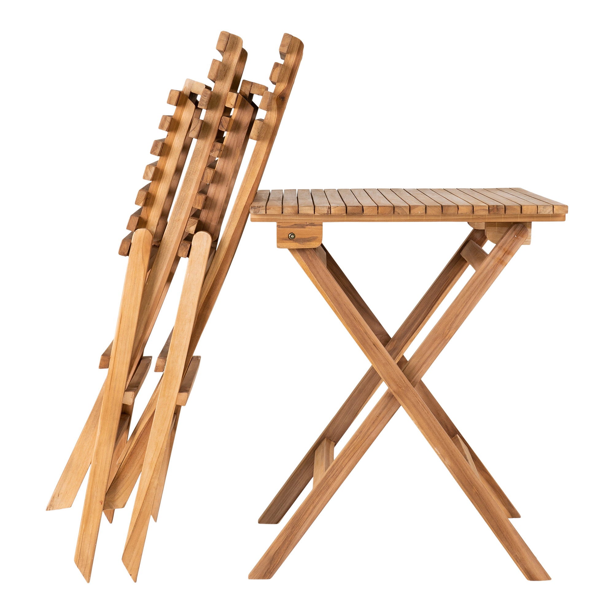 Salon Cuenca teck, 2 chaises repliées contre table carrée pliante, vue rangement