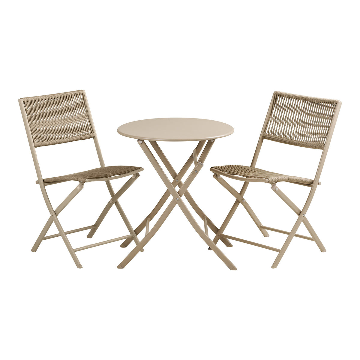 Salon de jardin bistro Arcas taupe vu de face avec sa table ronde et ses deux chaises pliantes en corde tressée