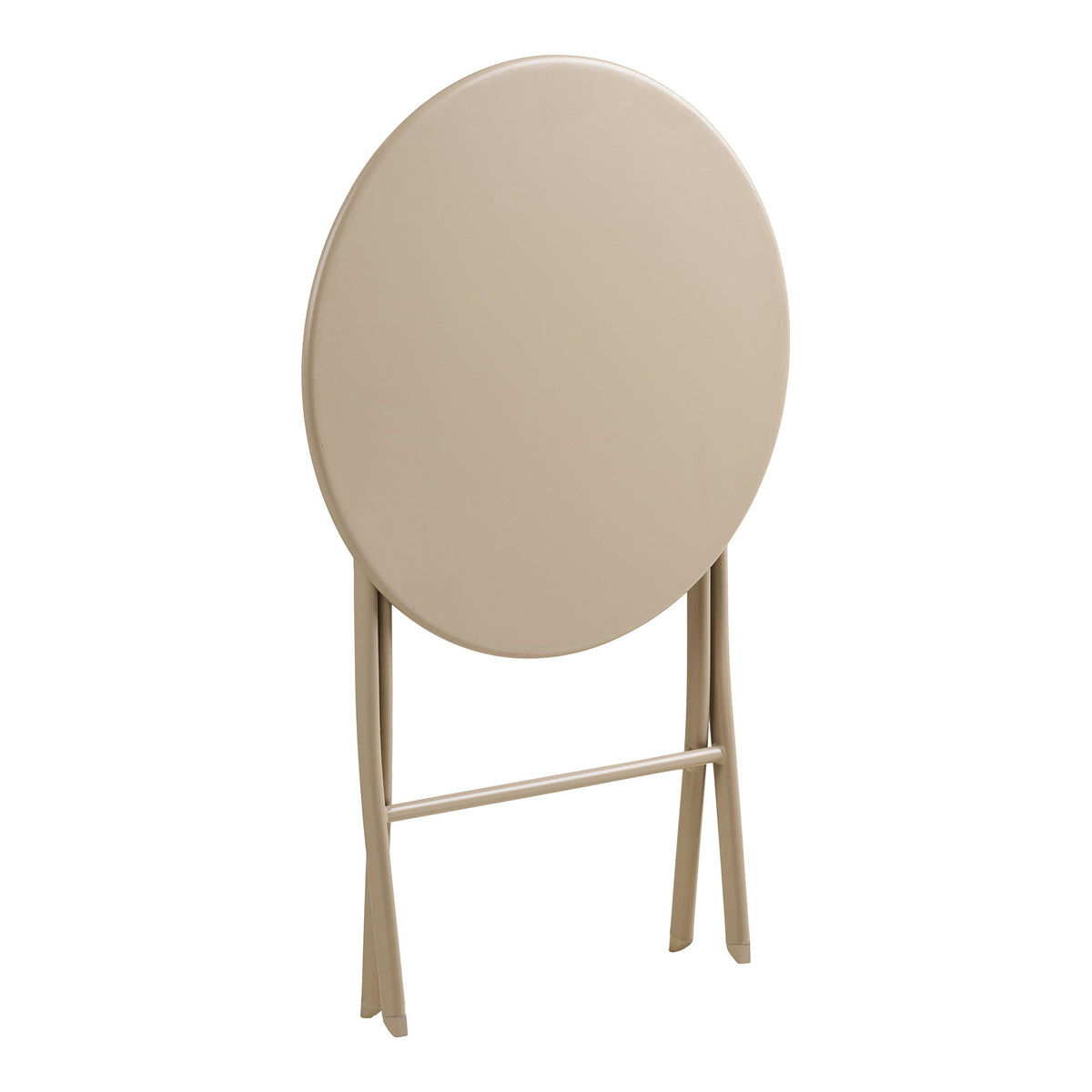Table bistro Arcas taupe repliée avec son plateau rond à la verticale pour le rangement
