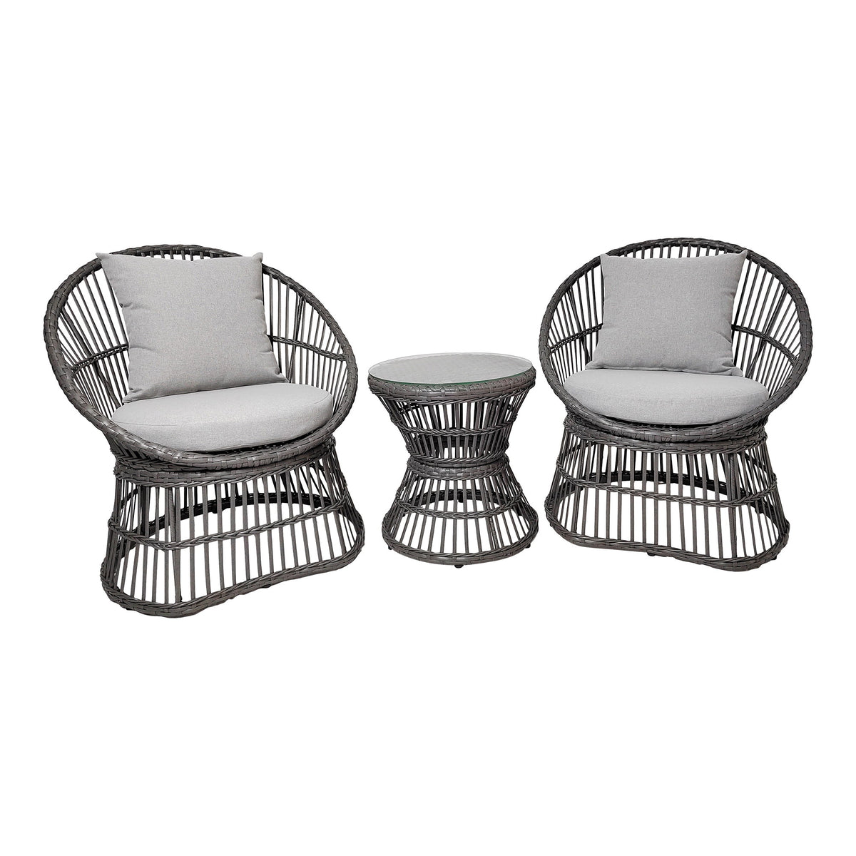 Salon de jardin Natal deux fauteuils ronds en rotin synthétique gris avec coussins et table basse en verre