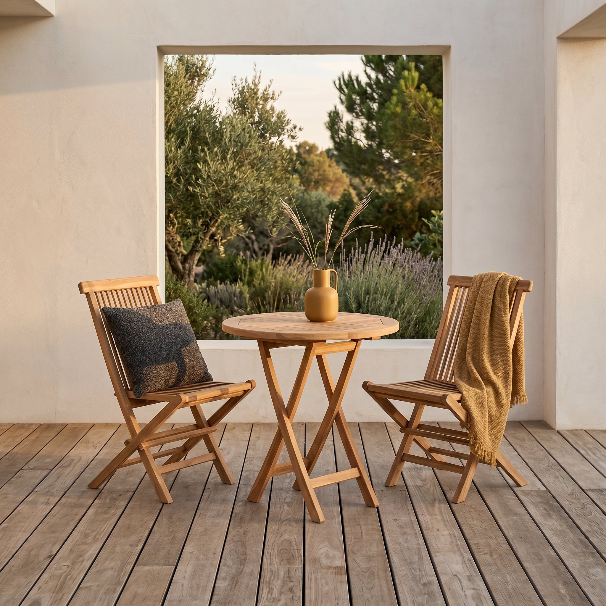 Oviedo & Toledo Garden Set in Natural Teak — Table & 2 Folding Chairs