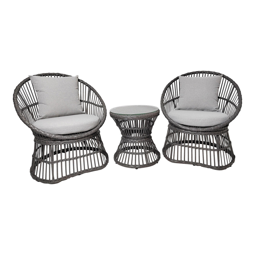 Salon lounge Natal rotin gris 2 fauteuils ronds coussins et table basse verre, fond blanc