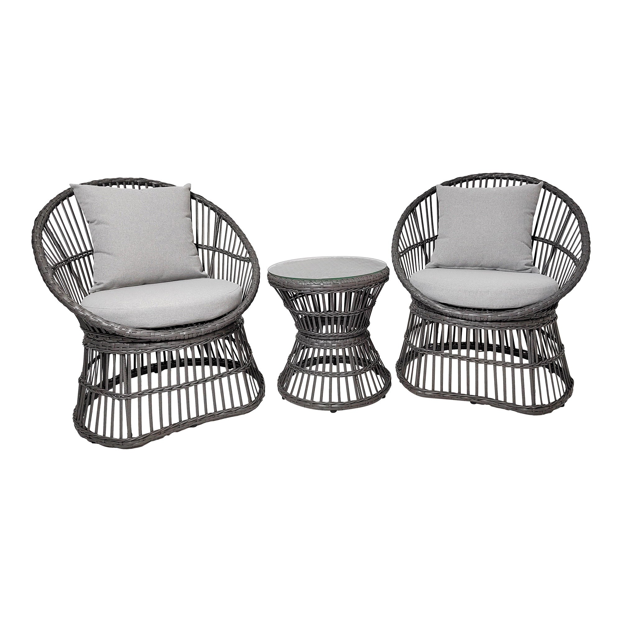 Salon lounge Natal rotin gris 2 fauteuils ronds coussins et table basse verre, fond blanc