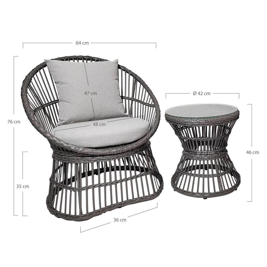 Schéma dimensions salon Natal fauteuil 64x76 cm table basse Ø42 cm