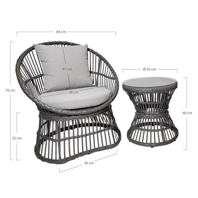Dimensions Grey Rattan Natal Lounge Set – 2 Armchairs & Glass Coffee Table