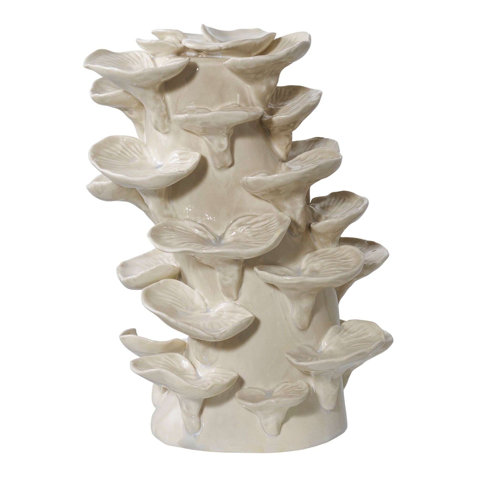 Sculpture décorative céramique champignons huîtres empilés blanc ivoire H24 cm fond blanc
