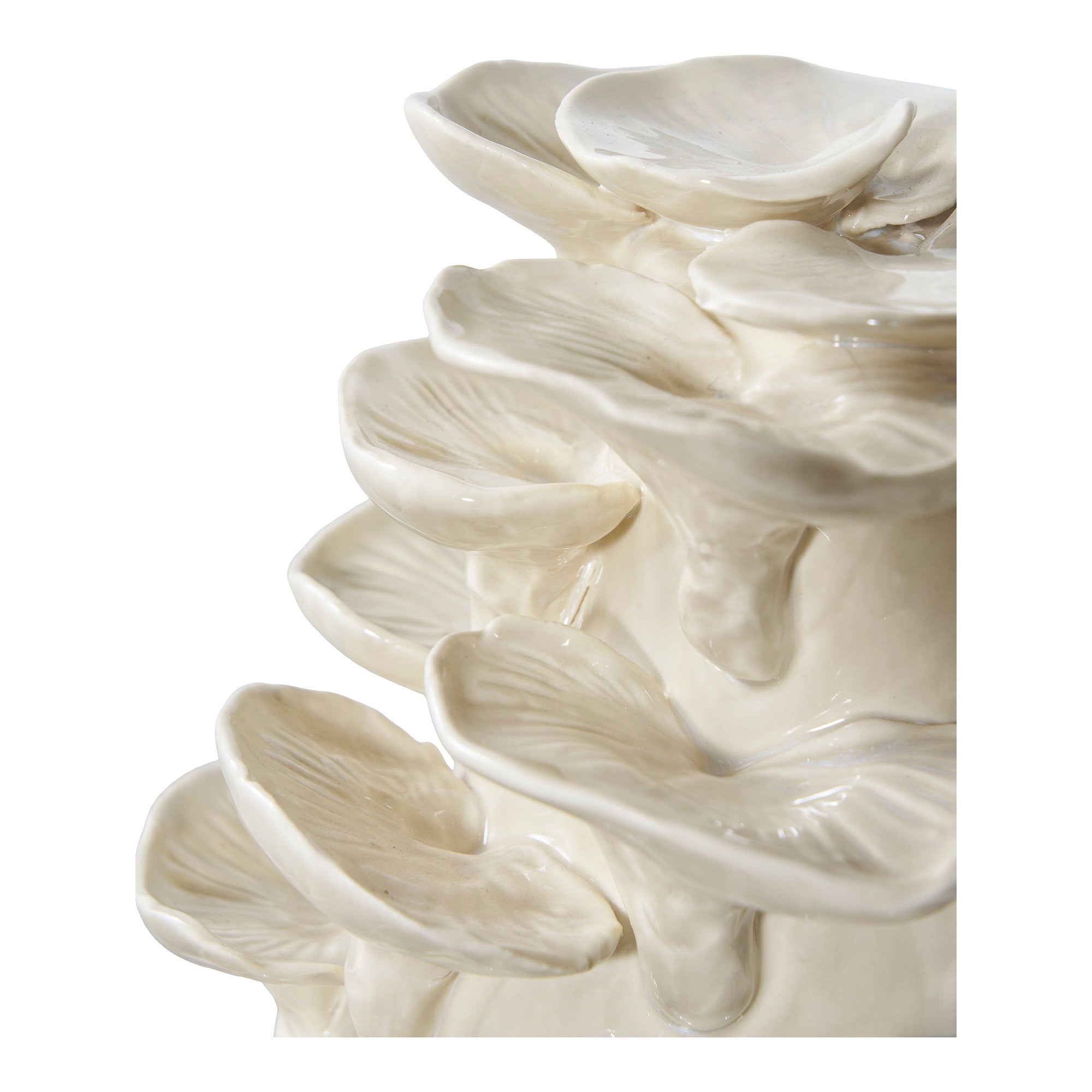 Détail chapeaux évasés nervurés émail irisé sculpture céramique champignons huîtres