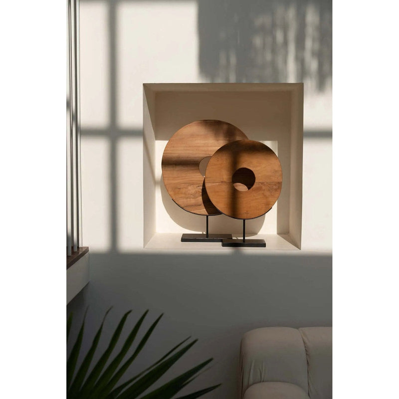 Dimensions Sculpture disque en teck massif naturel sur socle 48 cm