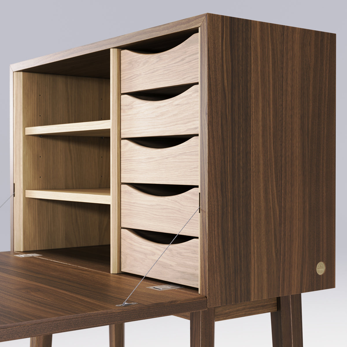 Intérieur du secrétaire Mister avec ses tiroirs et ses tablettes