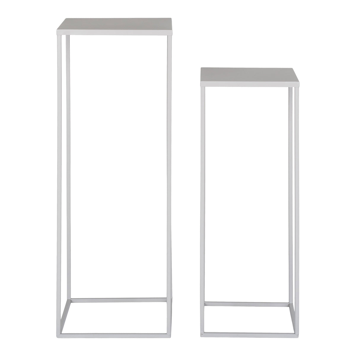 Deux sellettes porte-plante Beja en acier gris clair grande et petite vues de face sur fond blanc