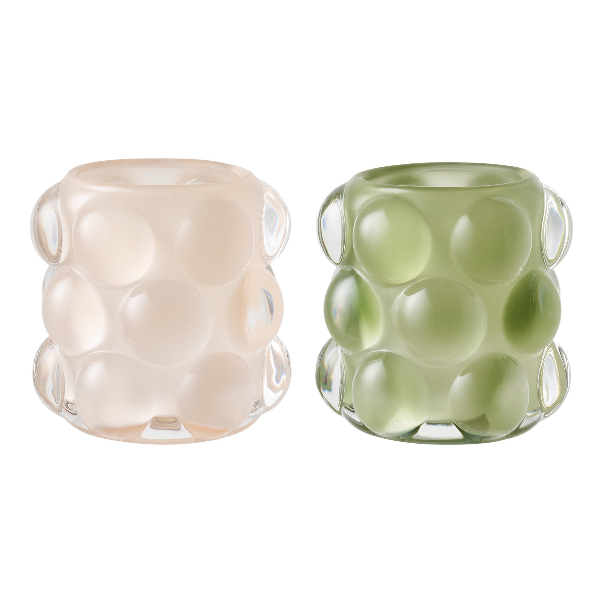 Set 2 bougeoirs verre bullé givré beige poudré vert sauge Ø8,5 cm vue de face