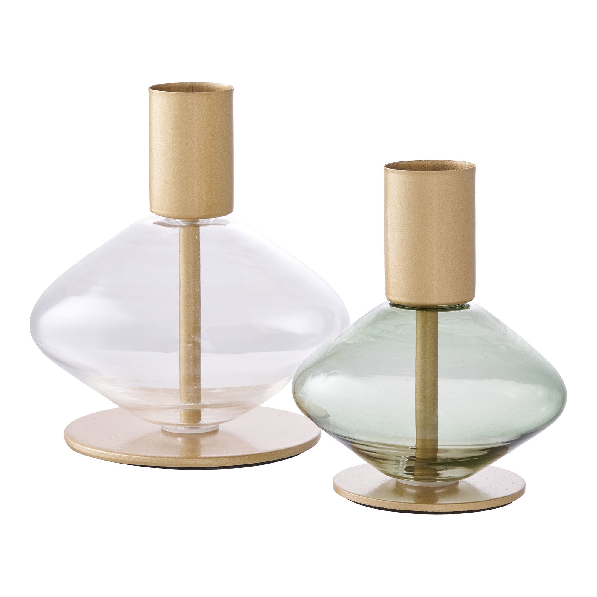 Set 2 bougeoirs verre lentille métal doré transparent et vert sauge H8,4 et 9,5 cm