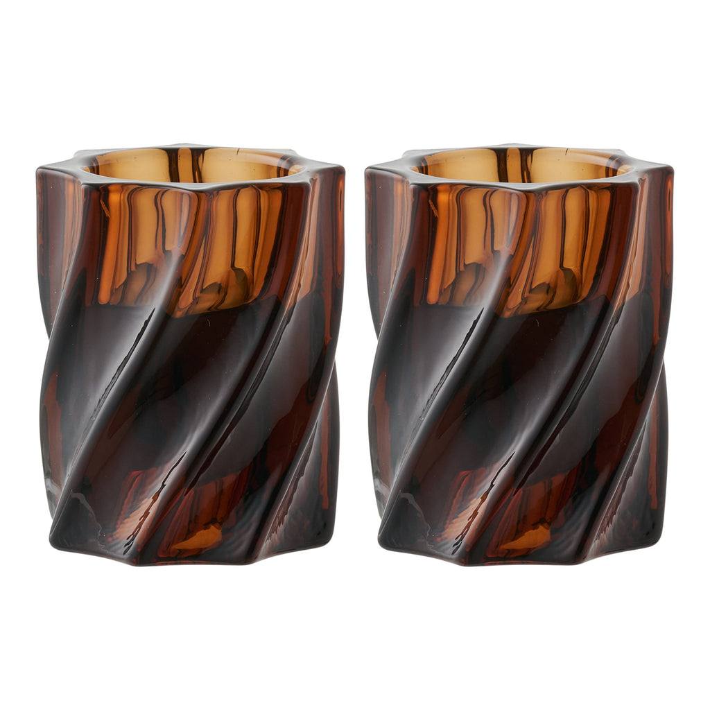 Set 2 bougeoirs verre torsadé brun fumé ambré Ø6 H7,5 cm vue de face