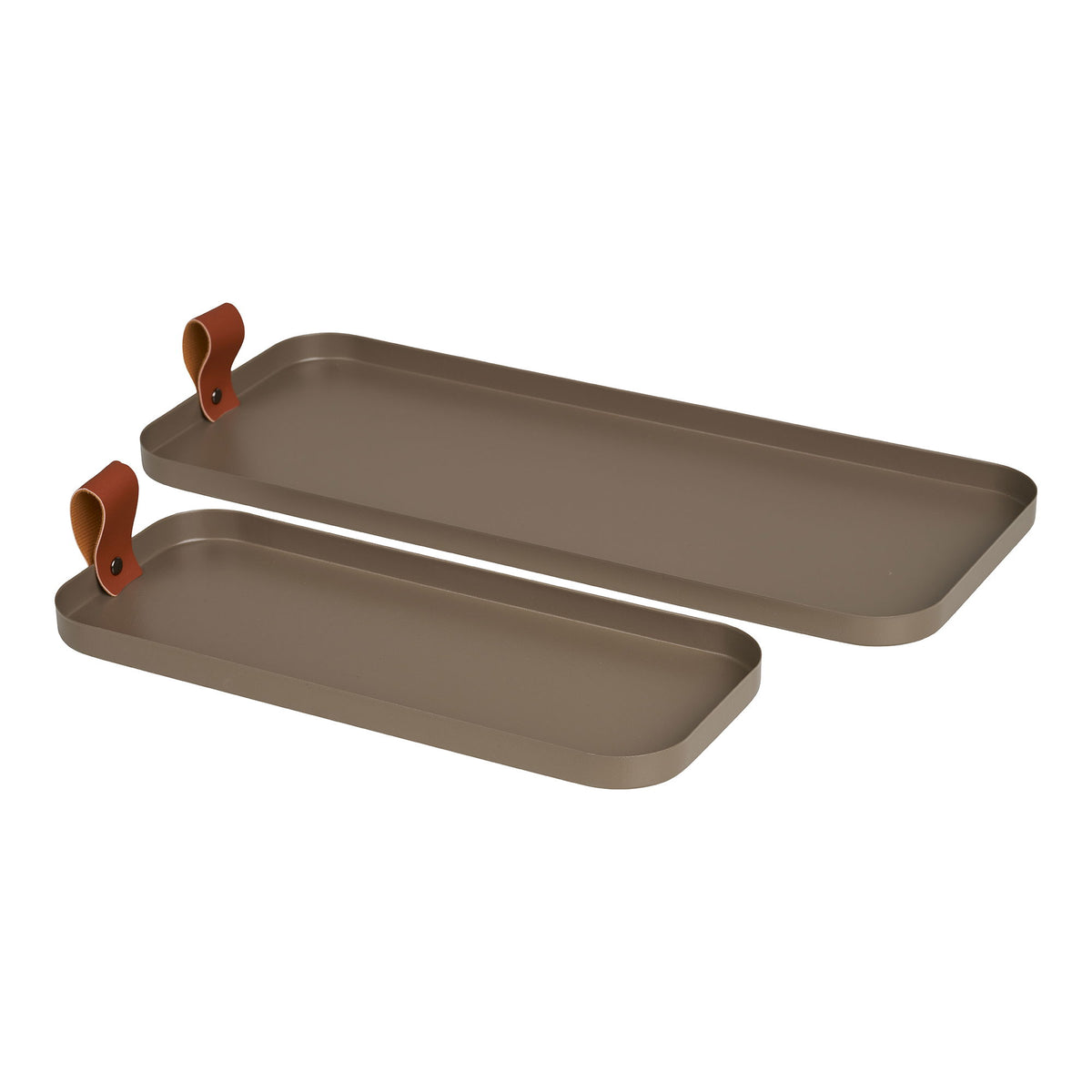 Set de 2 plateaux acier taupe mat anses simili cuir cognac vue côte à côte