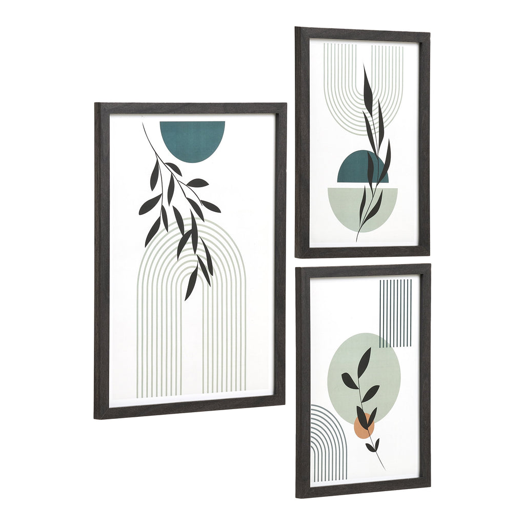 Set cadres Aspen noir triptyque affiches feuillages géométriques vue trois quarts
