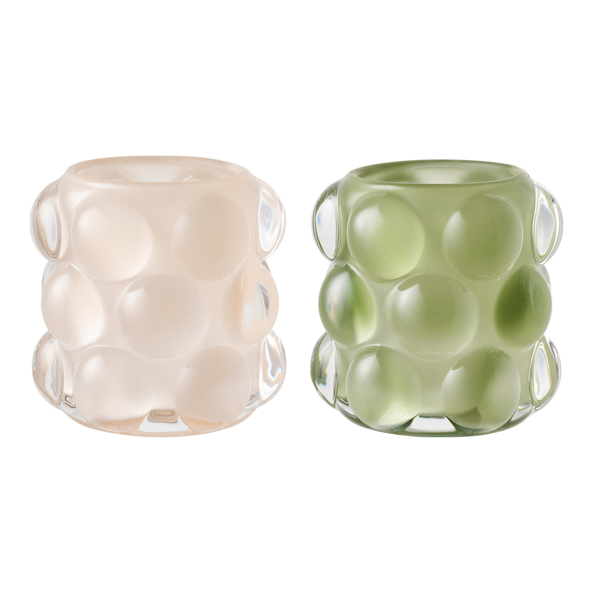 Set de 2 bougeoirs en verre bullé beige poudré et vert sauge vue de face