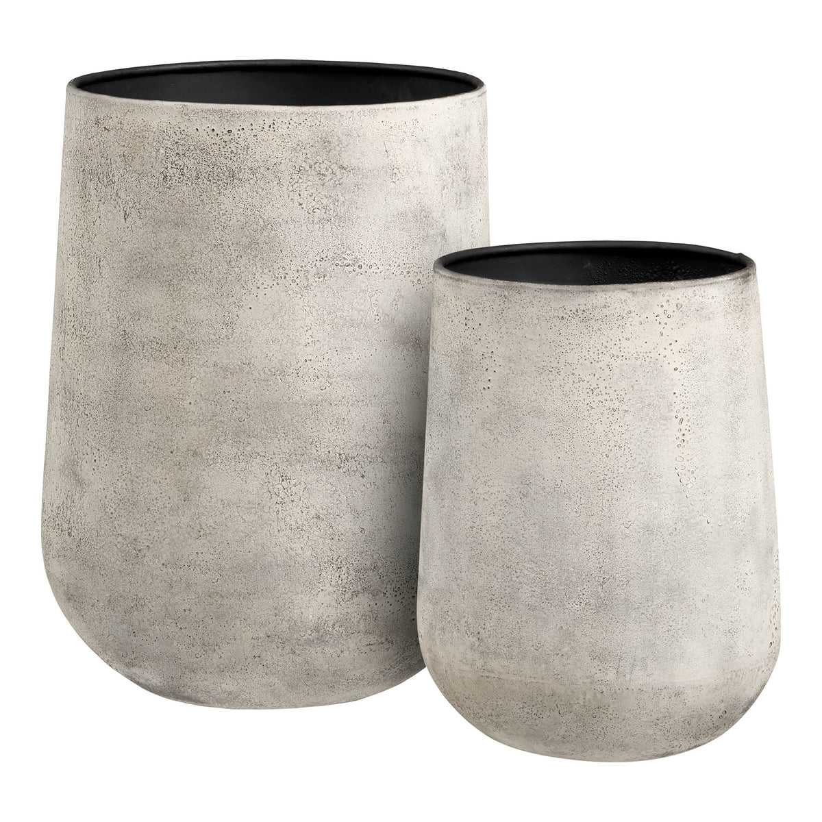 Deux cache-pots Hou en métal beige antique effet pierre un grand et un petit avec intérieur noir sur fond blanc
