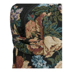 Gros plan sur les fleurs tissées et sur la fermeture à glissière noire d'une trousse Zoe